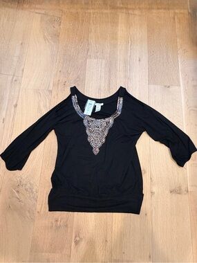Cache Black Embellished Cold Shoulder Top XL Boho Glam Beaded Tunic